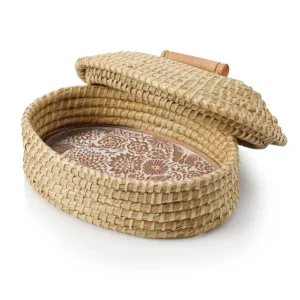 Lidded Oval Basket with Terracotta Butterfly Garden Bread Warmer Stone for hostess, dining, serving and gift