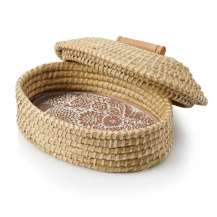 Lidded Oval Basket with Terracotta Butterfly Garden Breadwarmer Stone image
