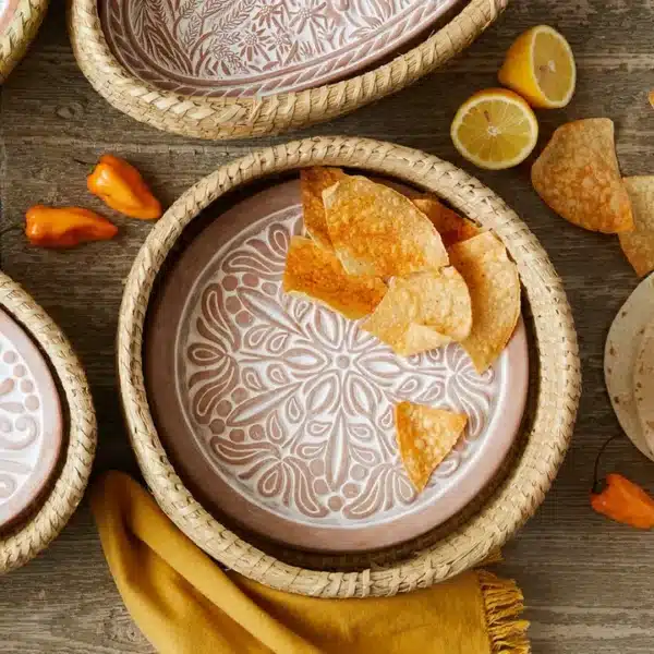 Round Basket with Whitewashed Terracotta Lotus Flower Breadwarmer Stone - Image 2