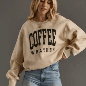 Panache Apparel Tan "Coffee Weather" Sweatshirt with oversized fit, banded collar, waist and cuffs