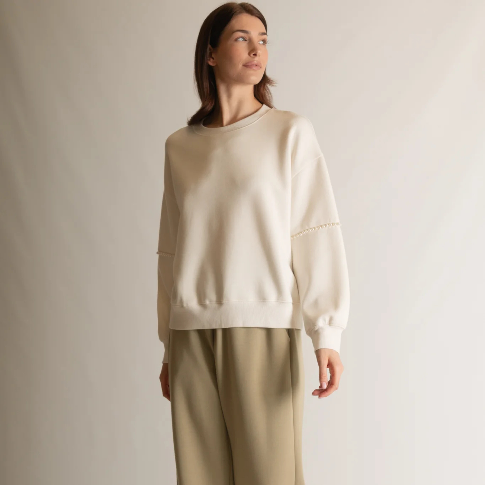 Ivory Butter Modal Pearl Trim Pullover image