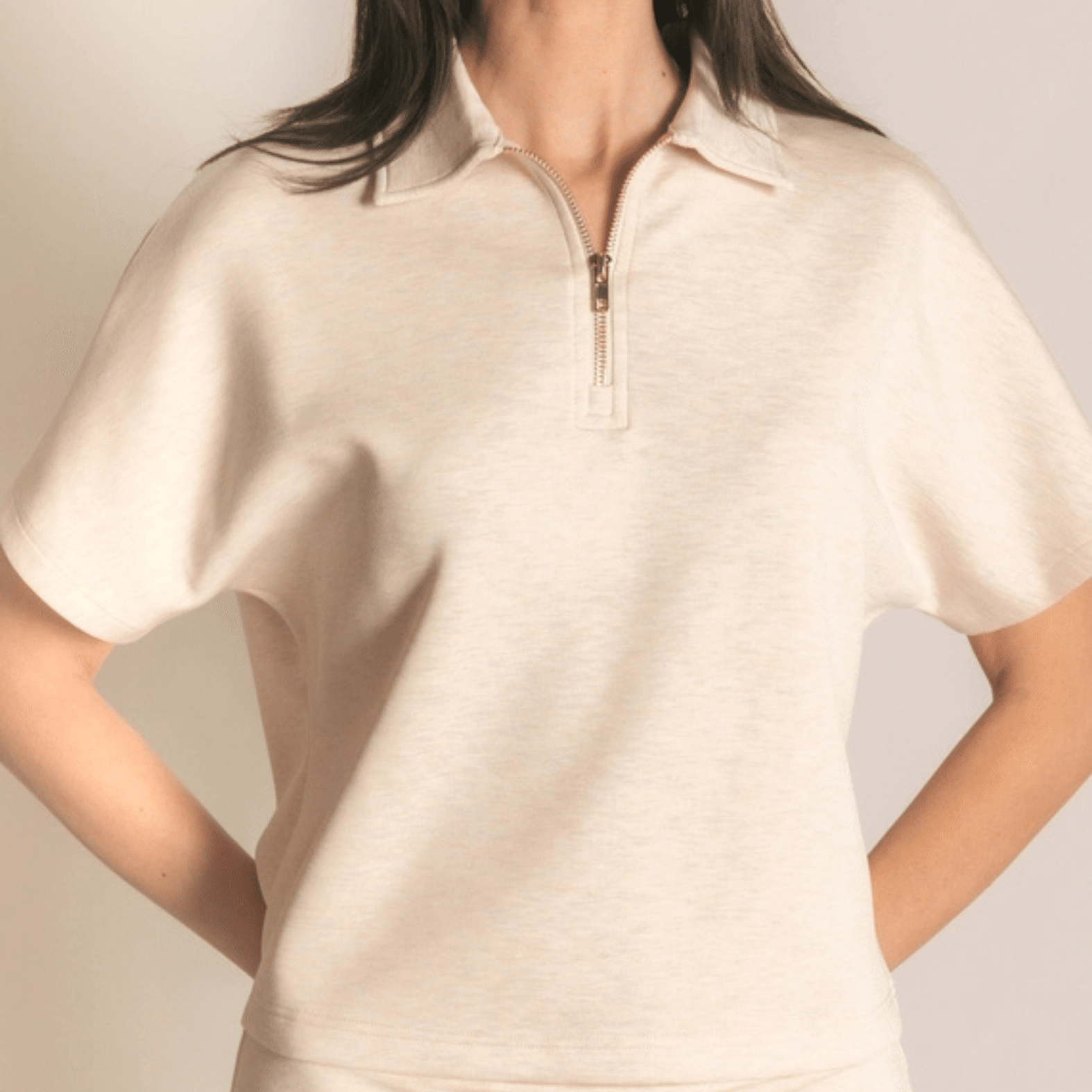 Oatmeal Butter Modal Overlap Short Sleeve Quarter Zip Top image