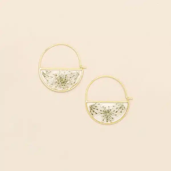 Pressed Flower Hoop Earring | White Lace Flower/Gold image