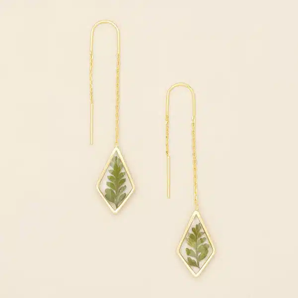 Pressed Flower Thread Earring | Green Bracken Fern/Gold image
