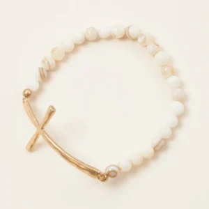 Glass Beaded Bracelet with Cross Charm l White Swirl