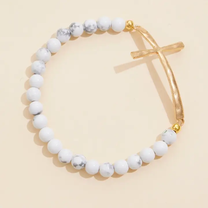 Glass Beaded Bracelet with Cross Charm l Marble image