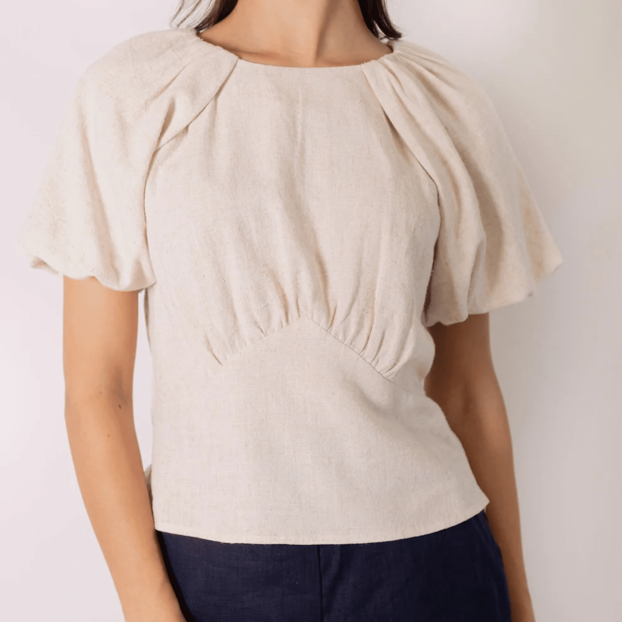 Linen Puff Sleeve Top with Back Keyhole image