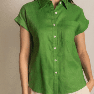 Linen Relaxed Short Sleeve Button Up Shirt | Kelly Green