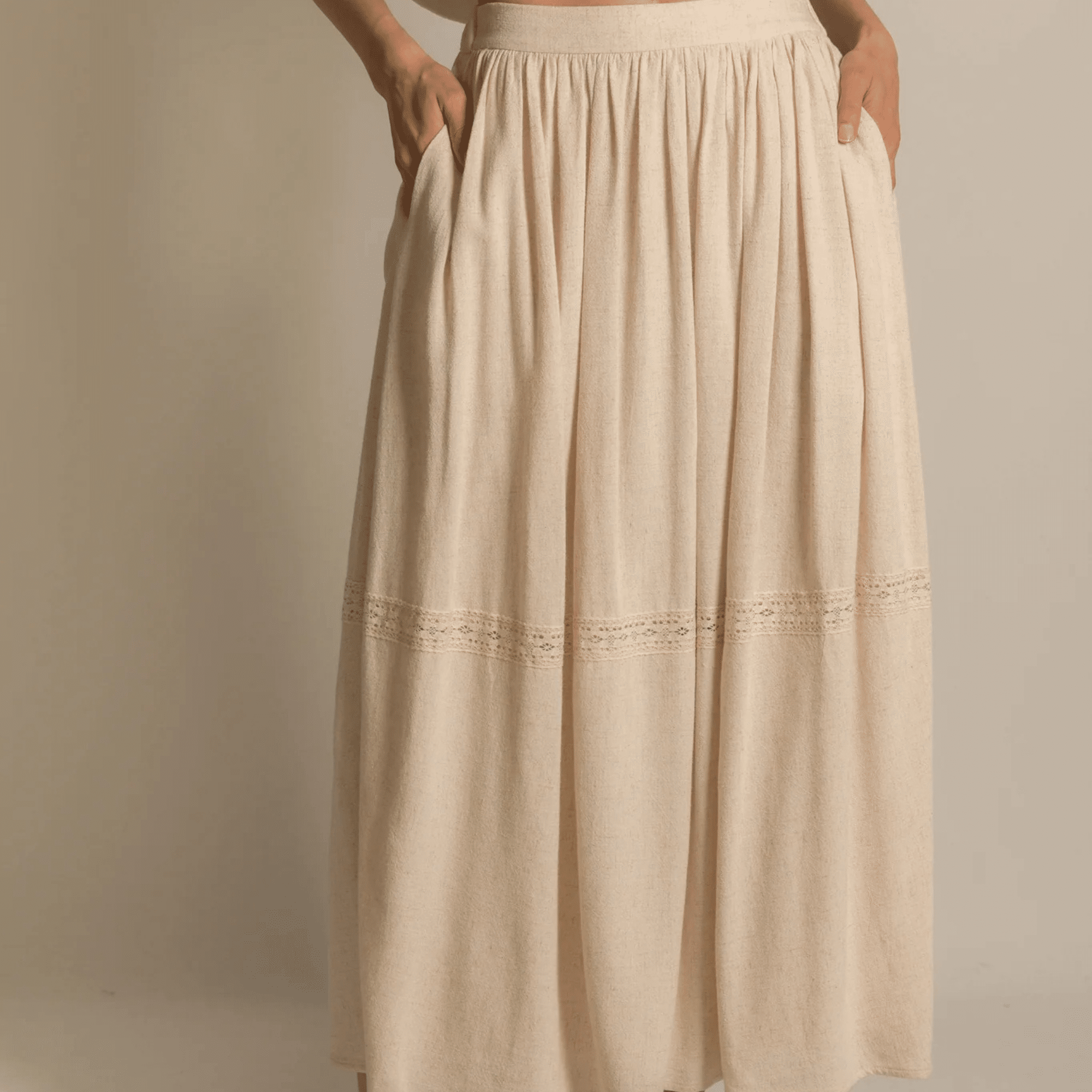 Linen Maxi Skirt with Lace Insert image