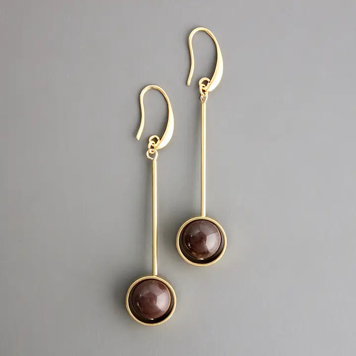 Geometric Brown Agate and Brass Earrings image
