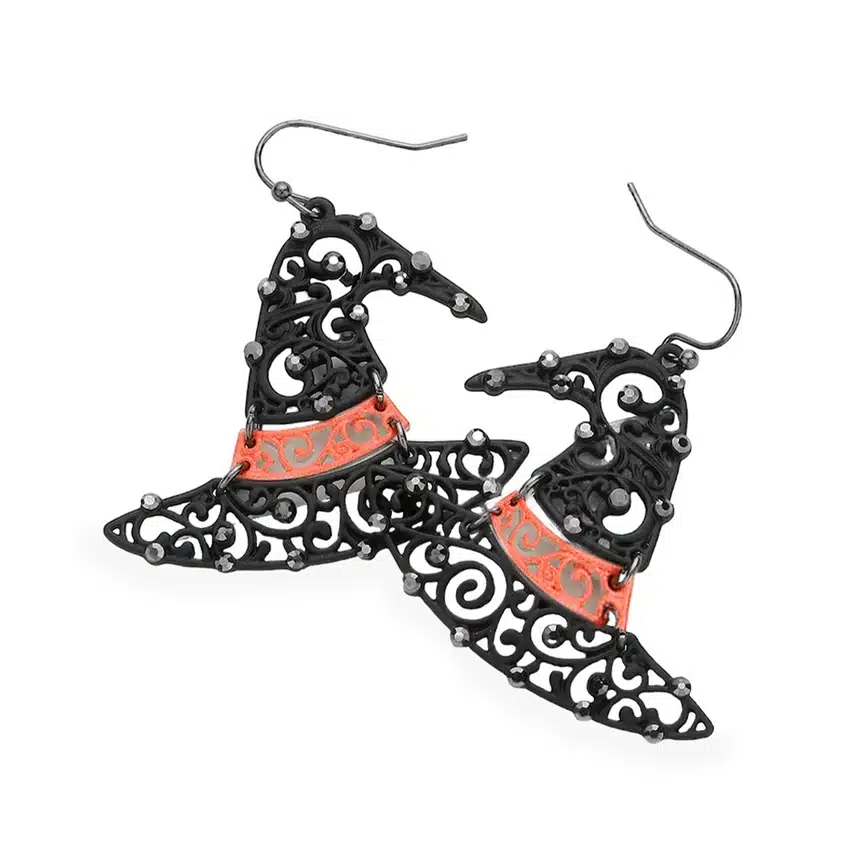 Stone Embellished Filigree Witch Hat Dangle Earrings - Image 2
