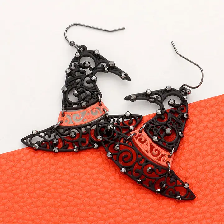 Stone Embellished Filigree Witch Hat Dangle Earrings