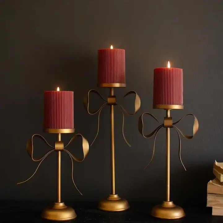 Antique Brass Bow Pillar Candle Stand Set image