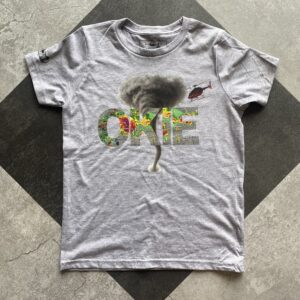 Classic grey crew new short sleeve tee in toddler size with screen print tornado and red helicopter front graphic and the word "OKIE" in weather radar print over the top for Oklahoma souvenir or kid gift.